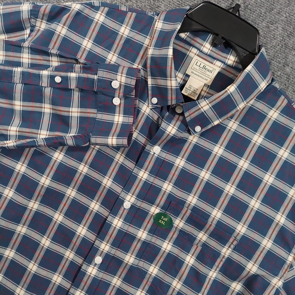 L.L.‎ Bean Shirt Mens 2XLT Blue Plaid Long Sleeve Traditional Fit Button Down